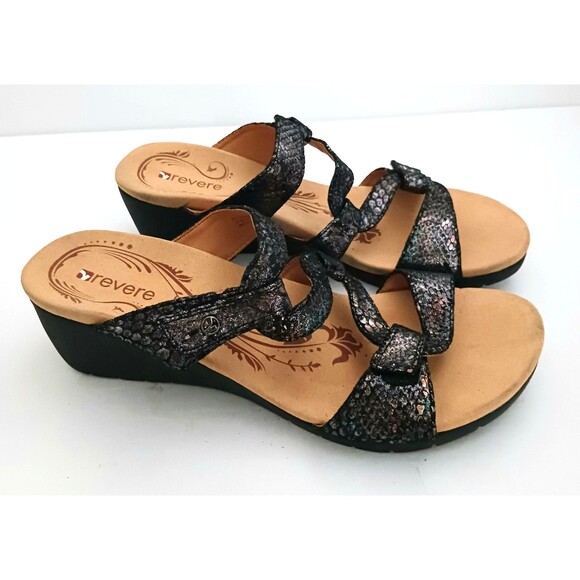 NEW Revere Sofia Blk Metallic Python Strappy Comfort Wedge Sandals US 10M - Picture 4 of 11